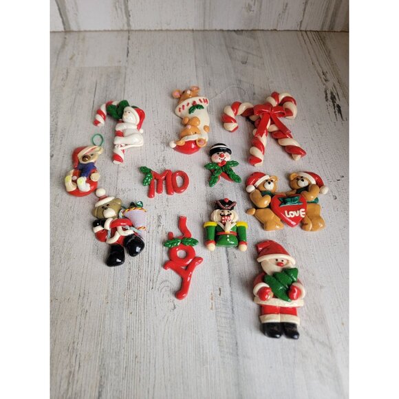 Vintage clay dough bear Santa candy cane mistletoe ornament Xmas set - Picture 1 of 7